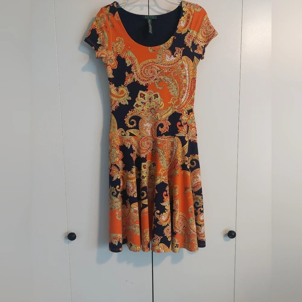 Vintage Ralph Lauren Paisley Print fit & Flare Ponte knit Dress S
